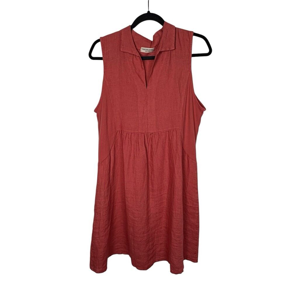 TERZO MILLENNIO Dress L Coral Red 100% Linen Collared Sleeveless Shift Pullover